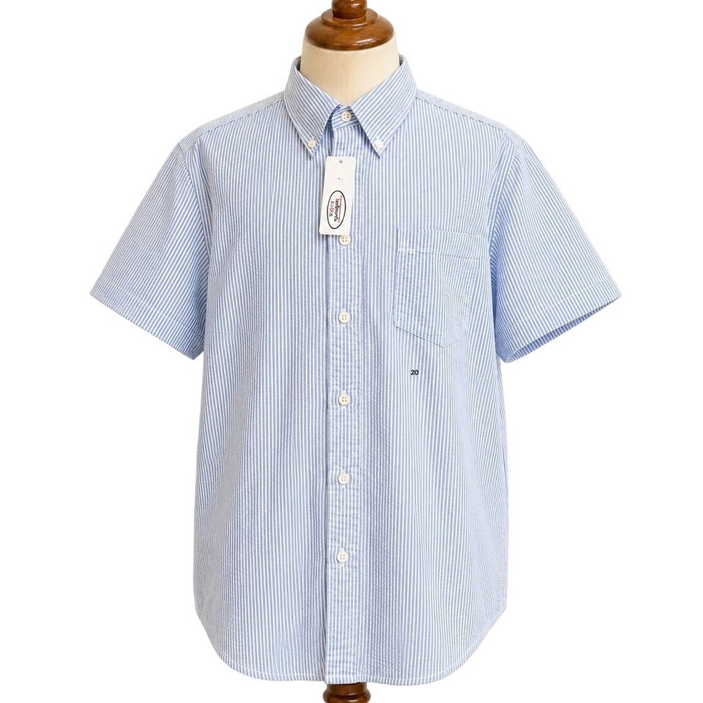 Talbots Kids Seersucker Shirt Boys 20 Blue White New Short Sleeve Button Down